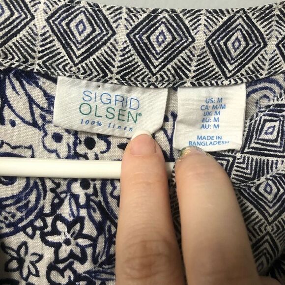 sigrid olsen 100% linen size medium tunic top paisley boho print blue summer - Picture 2 of 8
